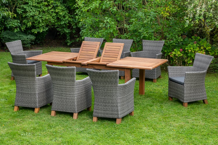 Toskana Gartenmöbelset 9tlg., Gartensessel inkl. Auflagen, Doppelausziehtisch 180 (220/260) x 100 cm, grau