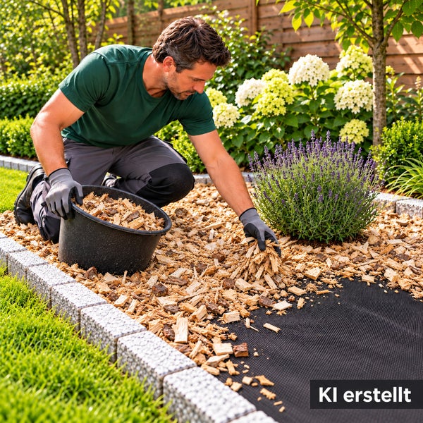 Gärtner verteilt Rindenmulch auf einem schwarzen Unkrautvlies in einem ordentlichen Garten mit Lavendel und Hortensien