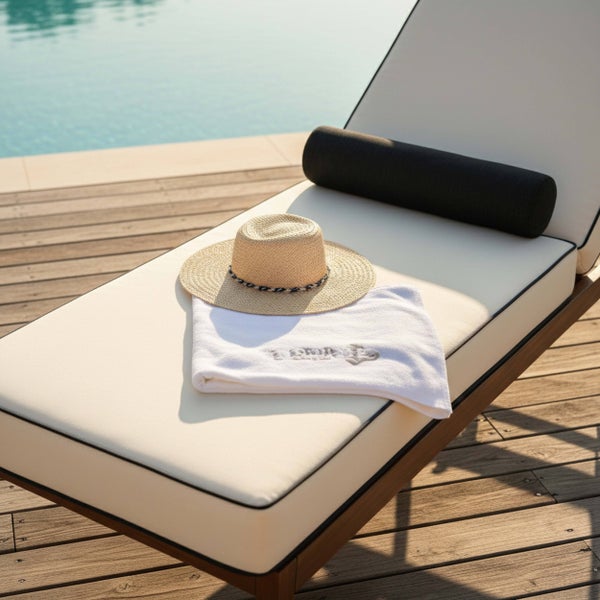 Sonnenliege aus Holz mit Polsterauflage, Nackenrolle, Handtuch und Strohhut auf einer Holzterrasse am Pool.