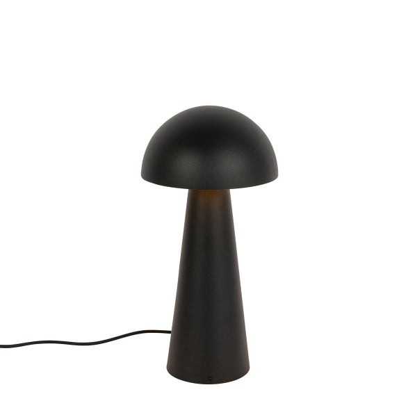 Schwarze Tischleuchte in Pilzform mit konischem Standfuß und Kabel.