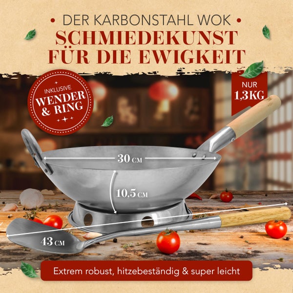 KRUSTENZAUBER 30cm Wokpfanne runder Boden - Traditionelle Stahlwokpfanne mit Wokwender u. Wokring - Wok Pfanne, Wok Induktion, Woklette, Wok Zubehör, Carbon Steel Wok Karbonstahl