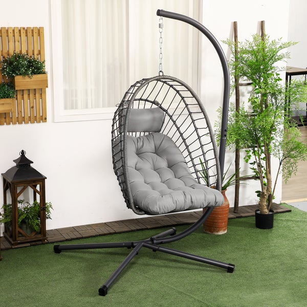 Outsunny Rattan Hängesessel, Hängestuhl, für Terrasse, Garten, bis zu 100 kg, Höhe 194 cm, Stahl, PE Rattan, Hellgrau