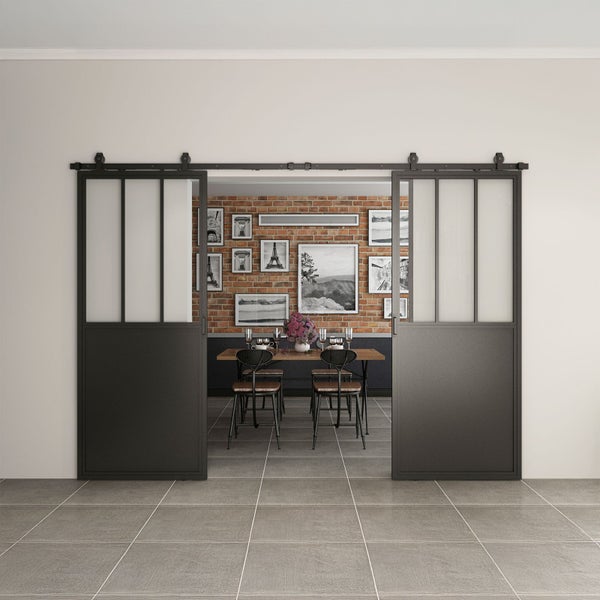 Loftschiebetür Doppelflügelig 1800x2150mm Klarglas Stahl in schwarz mit Glaseinsatz, Komplettset