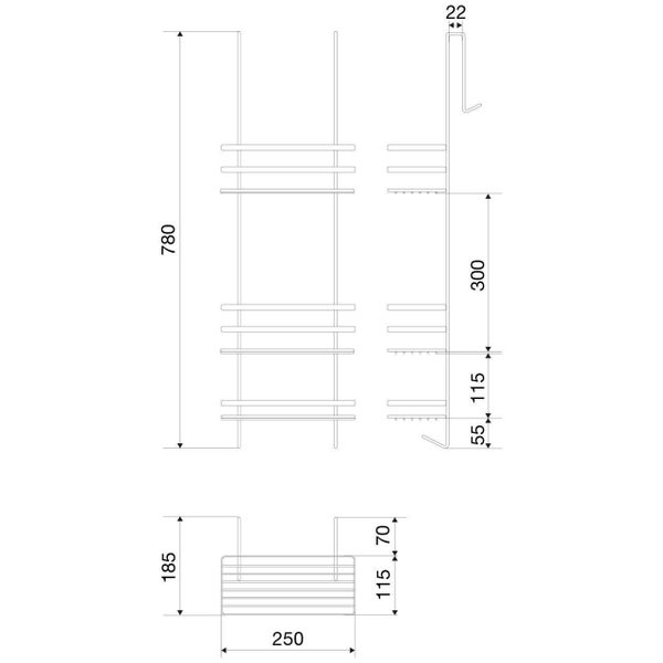 Technische Zeichnung eines Duschregals mit 3 Etagen und Maßen: Höhe 780 Millimeter, Breite 250 Millimeter, Tiefe 185 Millimeter.
