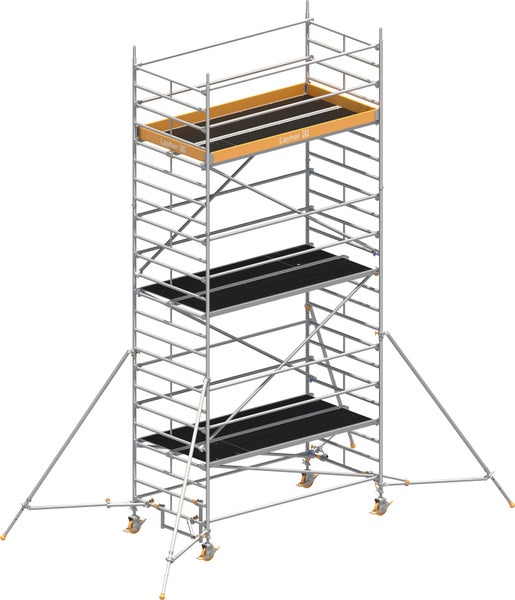 Layher Logo Fahrgerüst mit mehreren Ebenen und Stabilisatoren