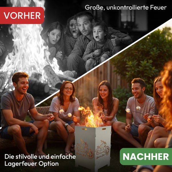 Vorher Nachher Vergleich: Eine Familie blickt besorgt auf ein unkontrolliertes Feuer, danach genießen sie Marshmallows am sicheren Lagerfeuer