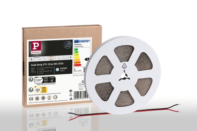 Paulmann LED-Streifen Gold Strip P75, 10 Meter, tageslichtweiß 6500 Kelvin, IP20, auf Rolle mit Verpackung.