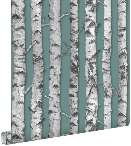 ESTAhome Tapete Birkenstämme Graugrün und Hellgrau - 53 cm x 10.05 m - 138891