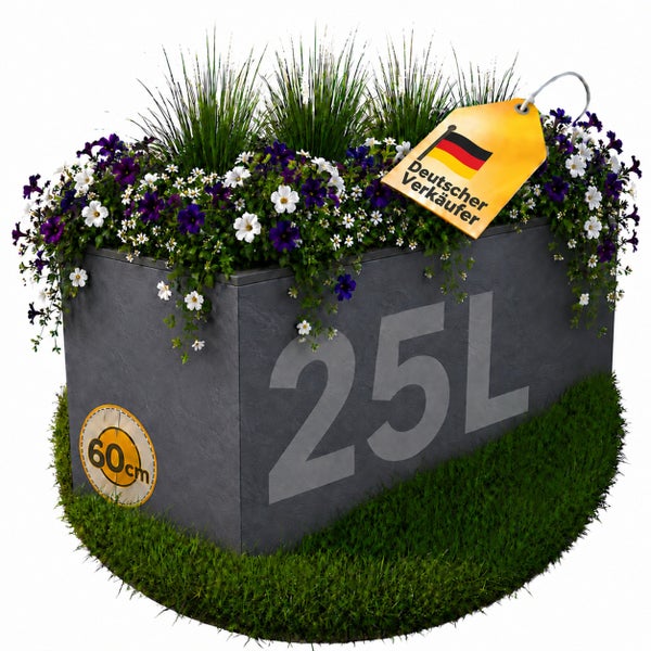 Rechteckiger Pflanzkübel mit 25 Liter Volumen und 60 Zentimeter Länge bepflanzt mit Blumen und Gras sowie Kennzeichnung Deutscher Verkäufer