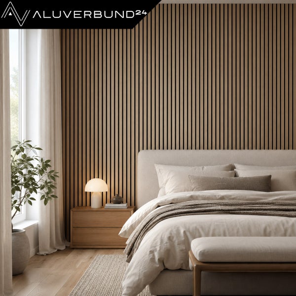 Schlafzimmer mit Wandverkleidung aus vertikalen Holzlamellen, Aluverbund24 Logo, modernes Design mit hellen Textilien und warmem Licht.