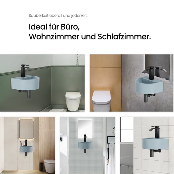 EMKE U-förmiges Handwaschbecken 303 x 255 mm, Keramik, Matt Hellgrau-Blau, Wandwaschbecken, mit Wasserhahnbohrung, für Badezimmer und Gäste-WC, Höhe: 12 cm