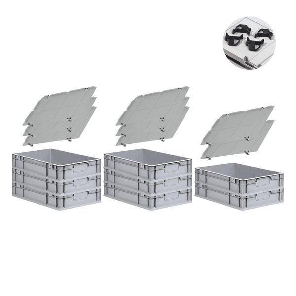 PROREGAL Spar Set 8x Eurobox Nextgen Economy Mit Auflagedeckel & 4x Schiebeschnappverschlüsse Schwarz Griffe Geschlossen HxBxT 12 x 40 x 60 cm