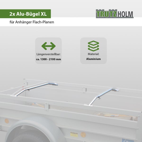 Zwei verstellbare Aluminium Spriegel von Trutzholm für Anhänger Flachplanen mit einer Länge von circa 1300 bis 2100 Millimetern.