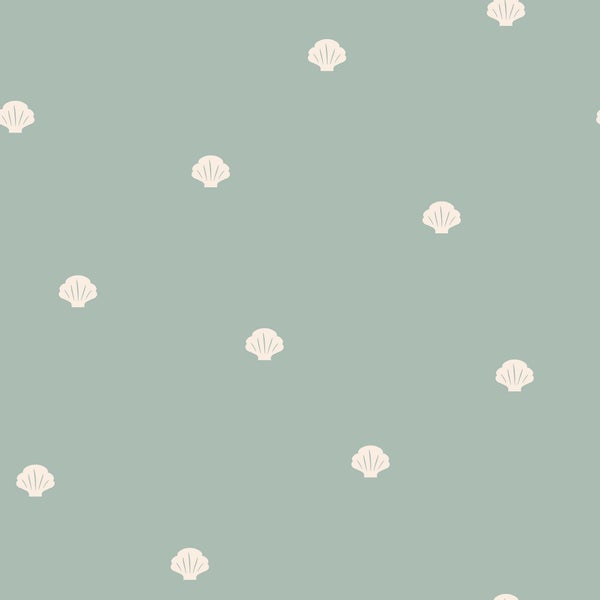 Tapete mit einem Muster aus kleinen stilisierten Muscheln im maritimen Design.