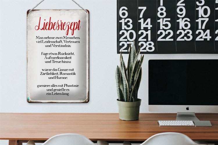 Blechschild Spruch 20x30cm Liebesrezept Retro Schild