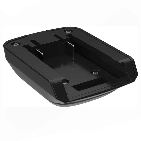 Schwarzer Akku-Adapter aus Kunststoff mit Montagelöchern und Metallkontakten.