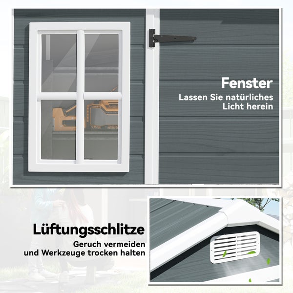 Detailansicht eines Gartenhauses mit einem Sprossenfenster im weißen Rahmen und einem Lüftungsschlitz zur Belüftung.