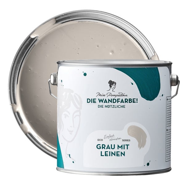 MissPompadour abwaschbare Wandfarbe 2.5L Grau mit Leinen - hohe Deckkraft und Ergiebigkeit - matte, scheuerbeständige Innenfarbe - geruchsarm, wasserbasiert, atmungsaktiv - Die Nützliche