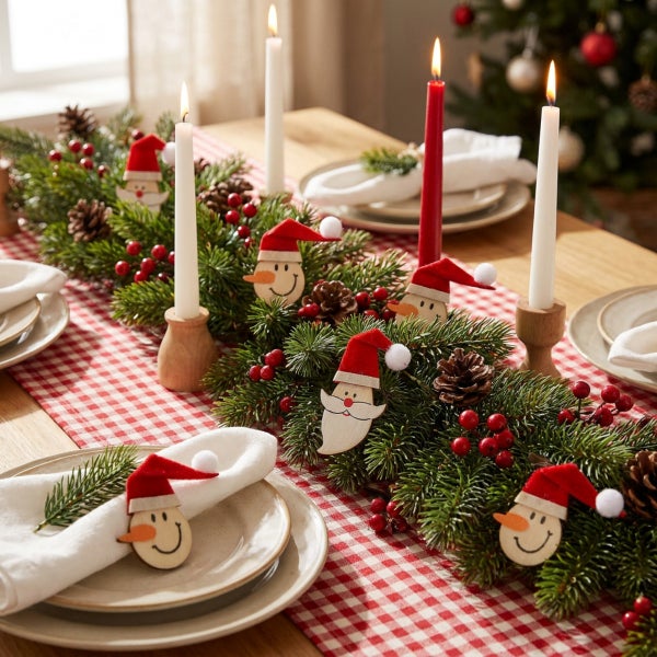 Weihnachtliche Tischdekoration mit Tannengrün, Kerzen, rot-weiß kariertem Tischläufer und Holzfiguren mit Weihnachtsmützen.