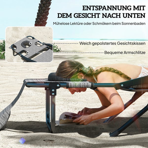 Outsunny Sonnenliege klappbar Gartenliege mit Lesefenster, Kopfkissen, Liegestuhl mit 4-Fach verstellbare Rückenlehne, wetterfeste Campingliege bis 120 kg belastbar, für Garten Strand Pool, Grau