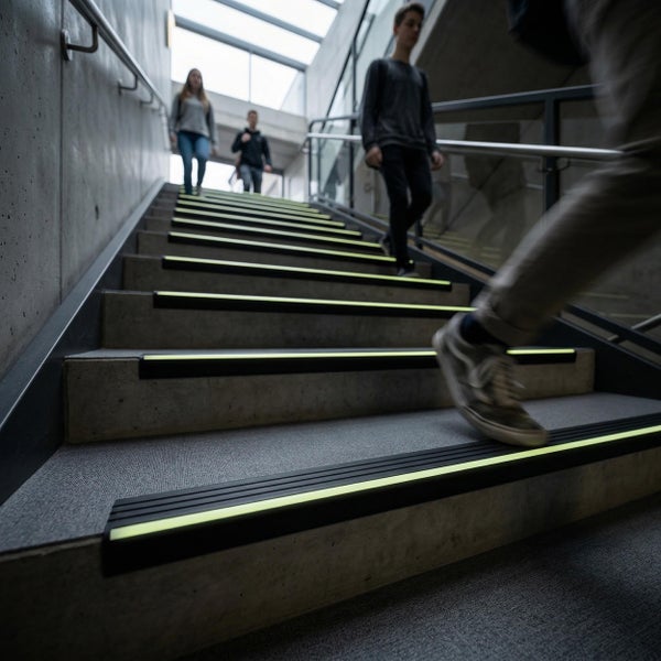 Betontreppe in einem modernen Gebäude mit nachleuchtenden Antirutsch-Treppenkantenprofilen und Personen, die die Treppe nutzen.