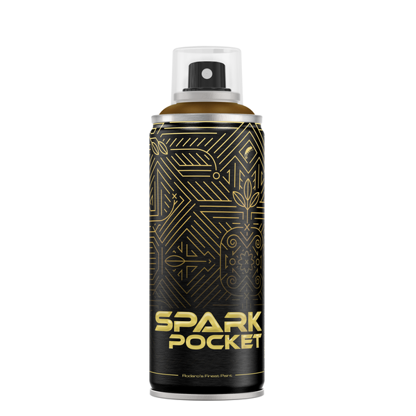 Eine Spraydose Spark Pocket Lack mit geometrischem Muster auf einem schwarzen Etikett.