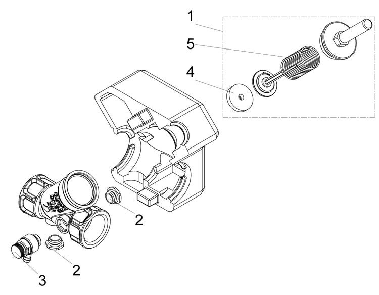 Technische Explosionszeichnung einer Armatur mit nummerierten Einzelteilen wie Feder, Dichtung und Gehäuse.