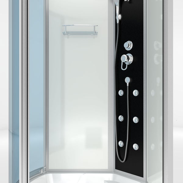 Duschkabine mit Massagedüsen, Handbrause und Glasablage.