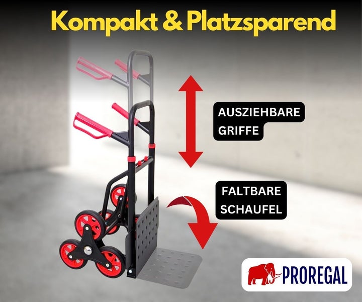 PROREGAL Klappbarer Profi-Treppensteiger TAURUS 150 HxBxT 110 x 45 x 61 cm Traglast 150 kg Stahlrahmen Ergonomische Griffe TPR-Gummiräder Rot-Schwarz