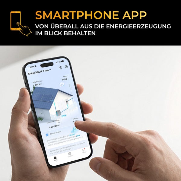 Smartphone mit App zur Überwachung der Energieerzeugung eines Solarsystems in Echtzeit mit Hausgrafik und Leistungsstatistiken.