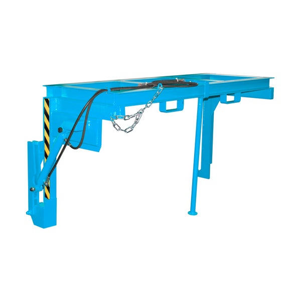 Blaue Hebebühne mit Hydraulikzylinder und Sicherheitsmarkierung