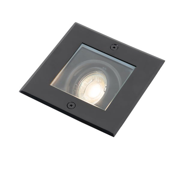 Schwarzer quadratischer Bodeneinbaustrahler aus Metall und Glas mit sichtbarem Leuchtmittel.