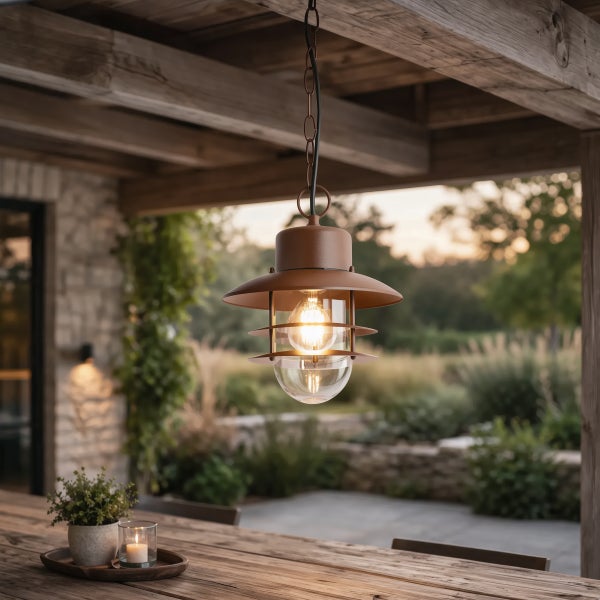 Rustikale Außenhängeleuchte aus Metall mit Glaskolben an einer Holzdecke über einem Gartentisch.