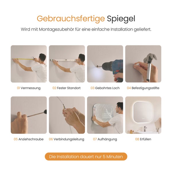 Achtstufige Montageanleitung für einen beleuchteten Wandspiegel: vom Ausmessen und Bohren bis zum elektrischen Anschluss und Aufhängen.