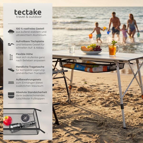 tectake Logo. Höhenverstellbarer Aluminium-Campingtisch mit aufrollbarer Platte und Netzablage auf einem hellen Strand mit Meer und Familie.