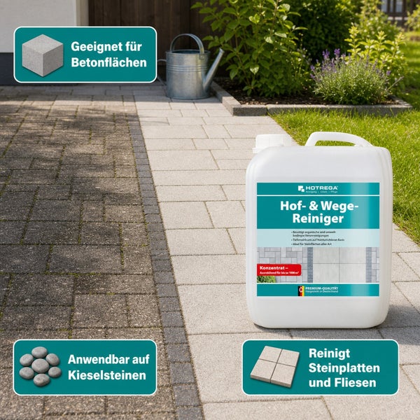 Hotrega Hof und Wege Reiniger Konzentrat zur Tiefenreinigung von Steinflächen, 1000 Quadratmeter Reichweite, für organische Verschmutzungen.