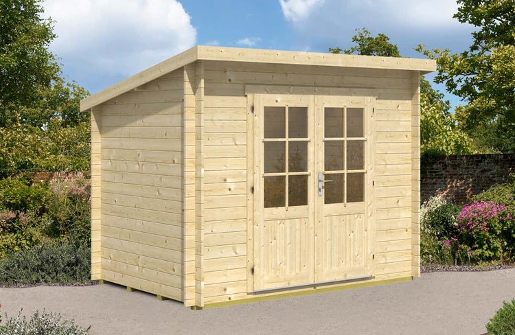 Alpholz Pultdach Gartenhaus Martina-28 Gartenhaus aus Holz, Holzhaus mit 28 mm Wandstärke, Blockbohlenhaus mit Montagematerial, Naturbelassen 3x2m