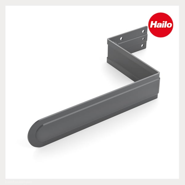 Dunkelgraue Hailo Halterung aus Metall mit Befestigungslöchern und Hailo Logo.