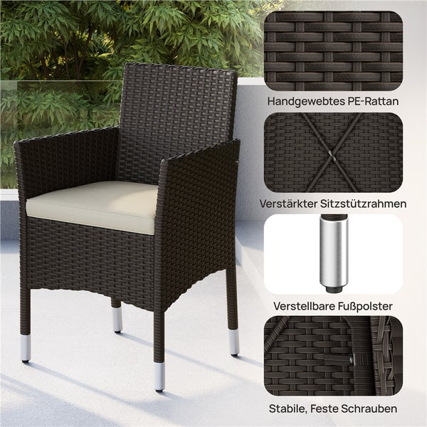 Dunkelbrauner Gartenstuhl aus PE-Rattan mit hellem Sitzkissen, verstärktem Rahmen, verstellbaren Füßen und stabilen Schraubverbindungen.