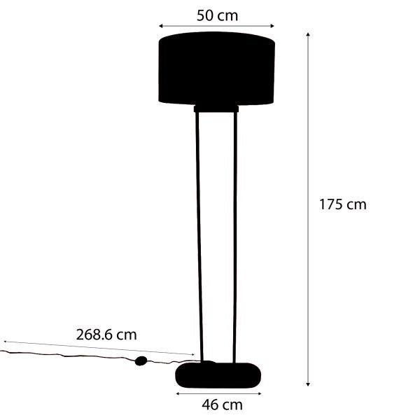Maßskizze einer Stehleuchte mit Lampenschirm, Gesamthöhe 175 Zentimeter, Schirmdurchmesser 50 Zentimeter, Fußbreite 46 Zentimeter und Kabellänge.