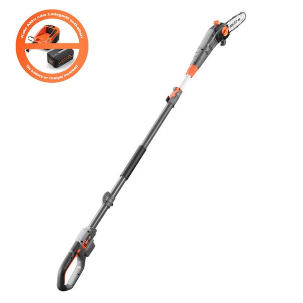 Akkubetriebene Hochentaster Motorsäge mit Hinweis: Kein Akku oder Ladegerät enthalten.