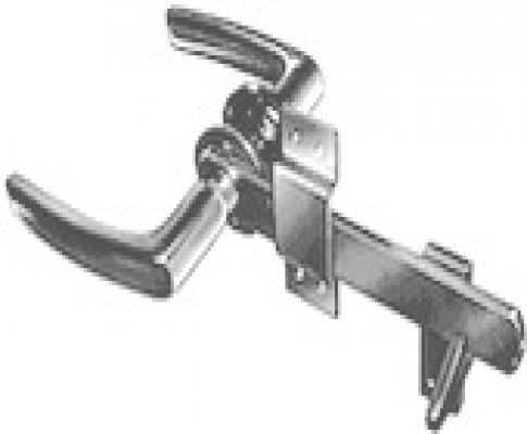 Drückergarnitur aus verzinktem Metall für Tore und Türen mit integriertem Riegel.
