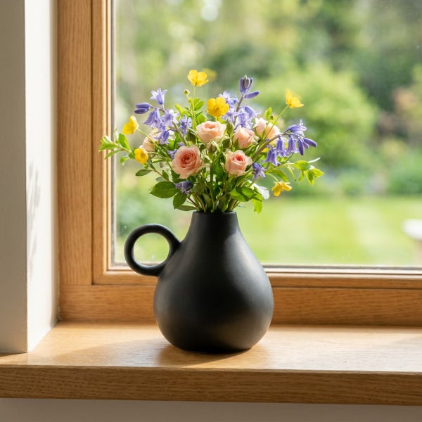 Blumenstrauß aus Rosen und Frühlingsblumen in einer bauchigen schwarzen Vase auf einer hölzernen Fensterbank vor einem Gartenfenster.