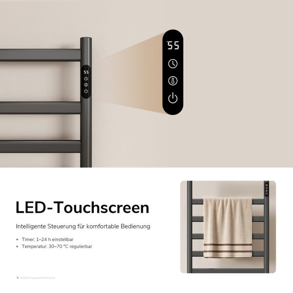 Elektrischer Handtuchheizkörper mit LED Touchscreen zur Einstellung von Timer und Temperatur zwischen 30 und 70 Grad Celsius.