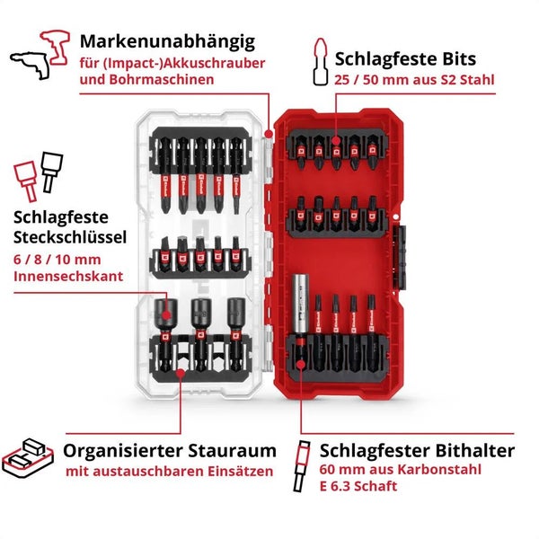 Original Einhell S-CASE 28-tlg. schlagfestes Bit-Set (25-mm-Bits, 50-mm-Bits, 60-mm-Bithalter, Steckschlüsseleinsätze inkl. Aufbewahrungsbox)