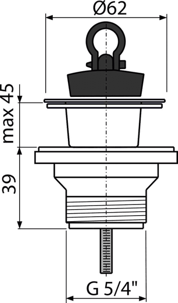 Technische Zeichnung einer Waschtisch-Ablaufgarnitur mit einem Stopfendurchmesser von 62 Millimetern und einem G 5/4 Zoll Gewinde.