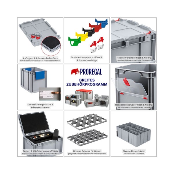 PROREGAL Spar Set 10x Eurobox Nextgen Economy Mit Auflagedeckel & 4x Schiebeschnappverschlüsse Blau Griffe Geschlossen HxBxT 12 x 30 x 40 cm 11 Liter