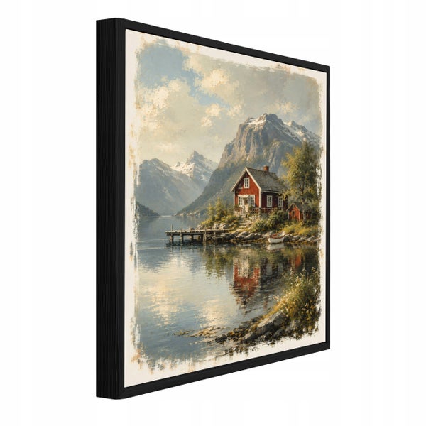 Gerahmtes Wandbild mit skandinavischem Landschaftsmotiv zeigt ein Haus am See vor einer Bergkulisse in Perspektivansicht.