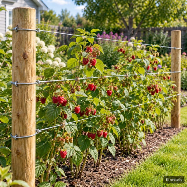Himbeerpflanzen an einer Rankhilfe aus Holzpfosten und Spanndraht in einem Garten.