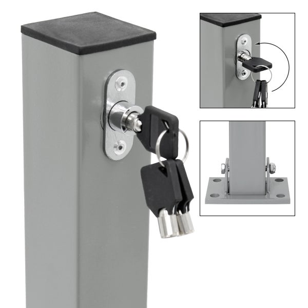 Klappbarer Absperrpfosten aus Metall mit integriertem Schloss, zwei Schlüsseln und einer Bodenplatte zum Aufschrauben.